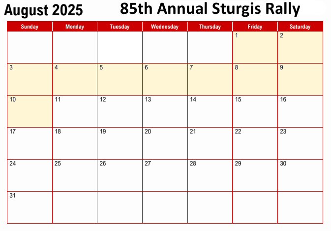 85th Sturgis Rally August 2025 Calendar